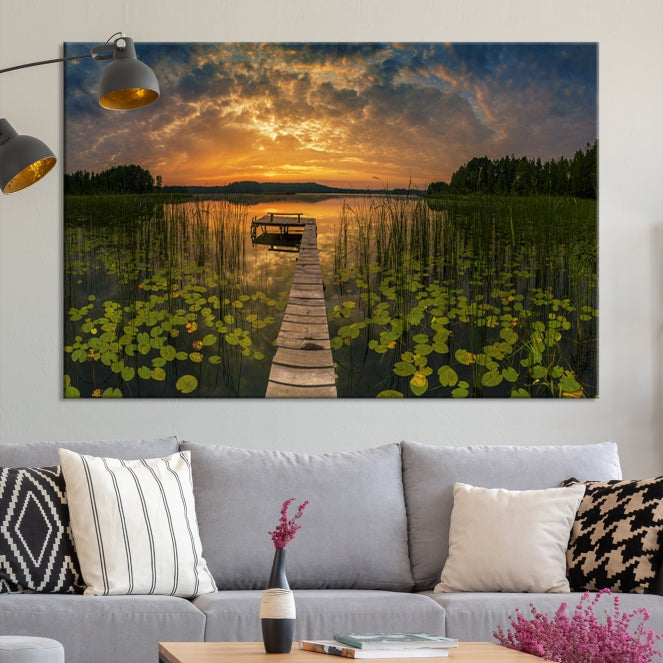 Flowers and Sunset at Lake Wall Art Natural Landscape Canvas Print