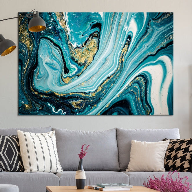 Turquoise Gold Marble Modern Abstract Painting Large Canvas Wall Art Giclee Print