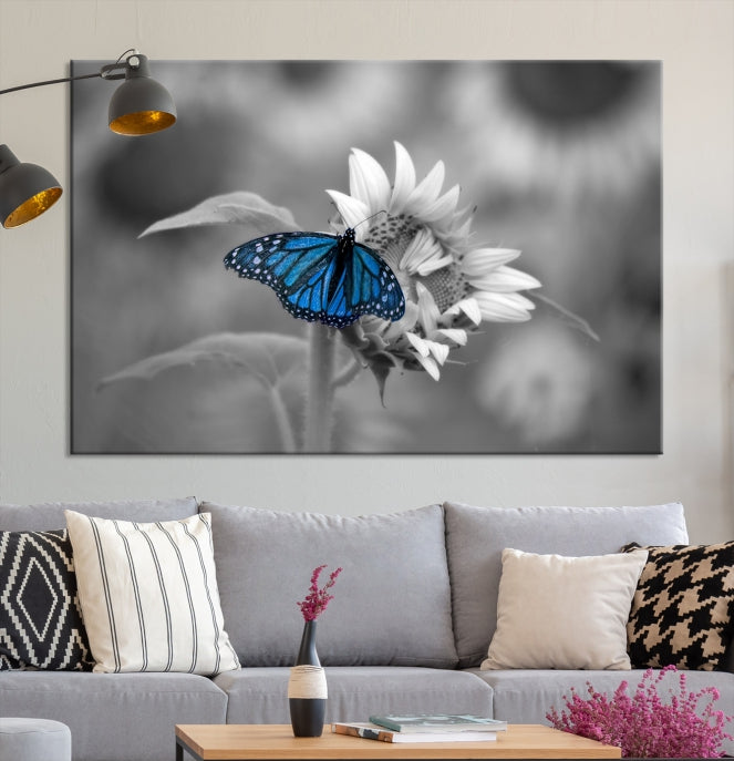 Pretty Blue Butterfly Black and White Canvas Wall Art Print Framed Ready to Hang