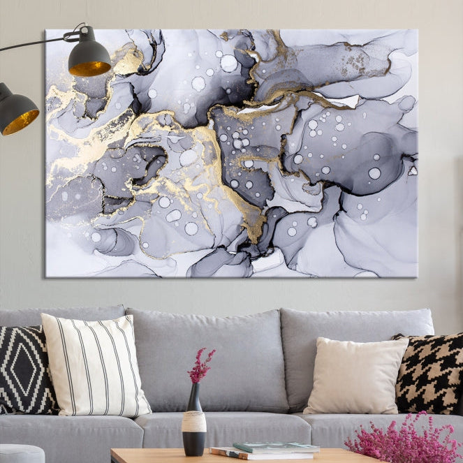 Gray Gold Abstract Painting on Giclee Canvas Wall Art Print Framed