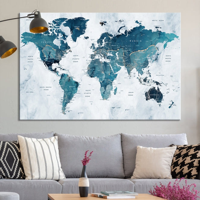 Blue World Map Extra Large Wall Art Canvas Print