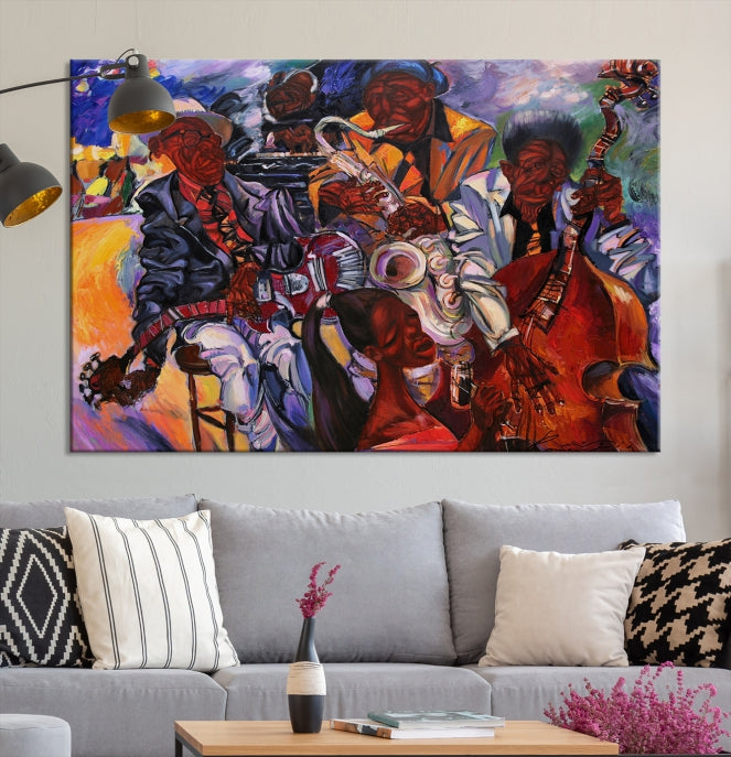 African American Jazz Mucisian Orchestra Abstract Painting on Giclee Canvas Wall Art Print