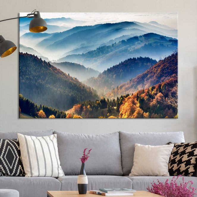 Mountain Misty Forest Foggy Autumn Framed Canvas Wall Art Giclee Print