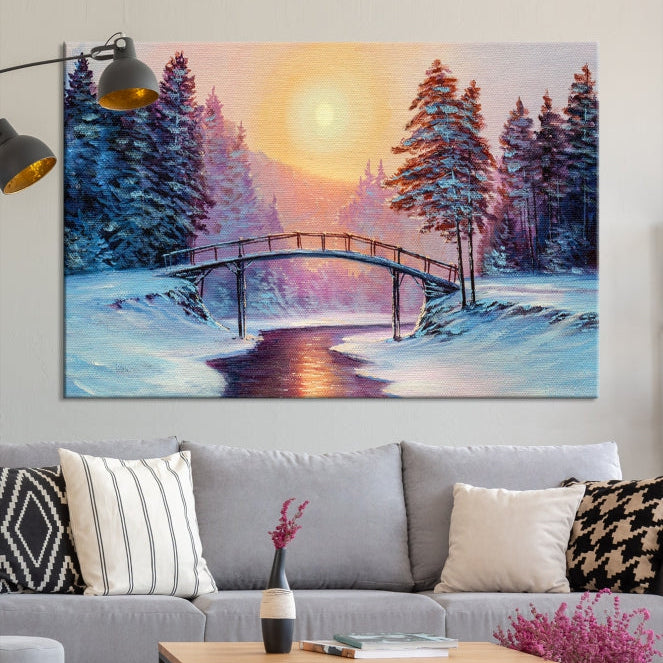 Beautiful Winter Landscape Painting Snowy Bridge Giclee Canvas Extra Large Wall Art Print