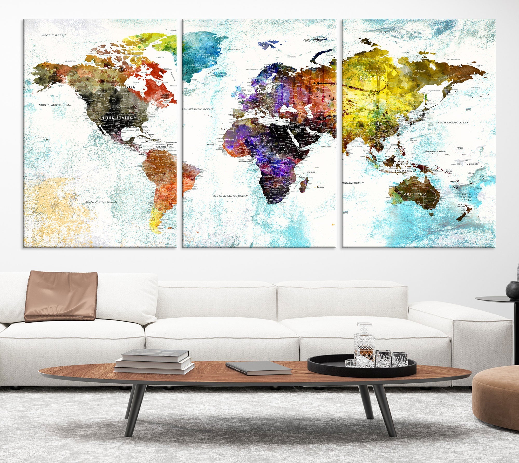 Watercolor Colorful World Map Wall Art Canvas Print Large Giclee Printing Home Decor