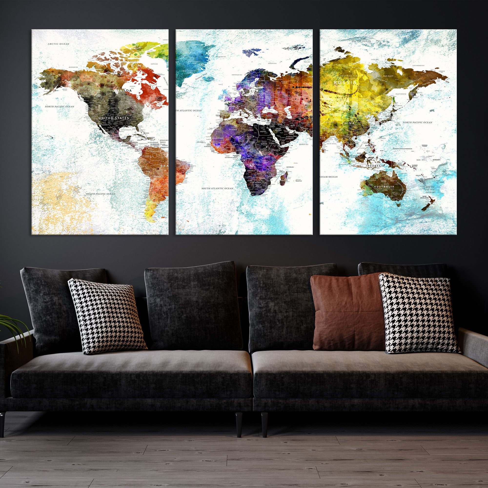 Watercolor Colorful World Map Wall Art Canvas Print Large Giclee Printing Home Decor