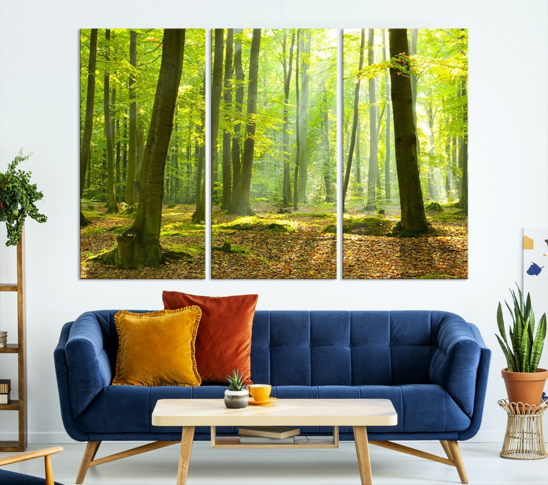 Sunshine in Green Forest Large Tree Wall Art Landscape Canvas Print