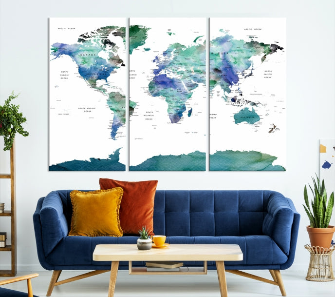 Vivid Colored World Map Push Pin Travel Map Canvas Wall Art Giclee Print