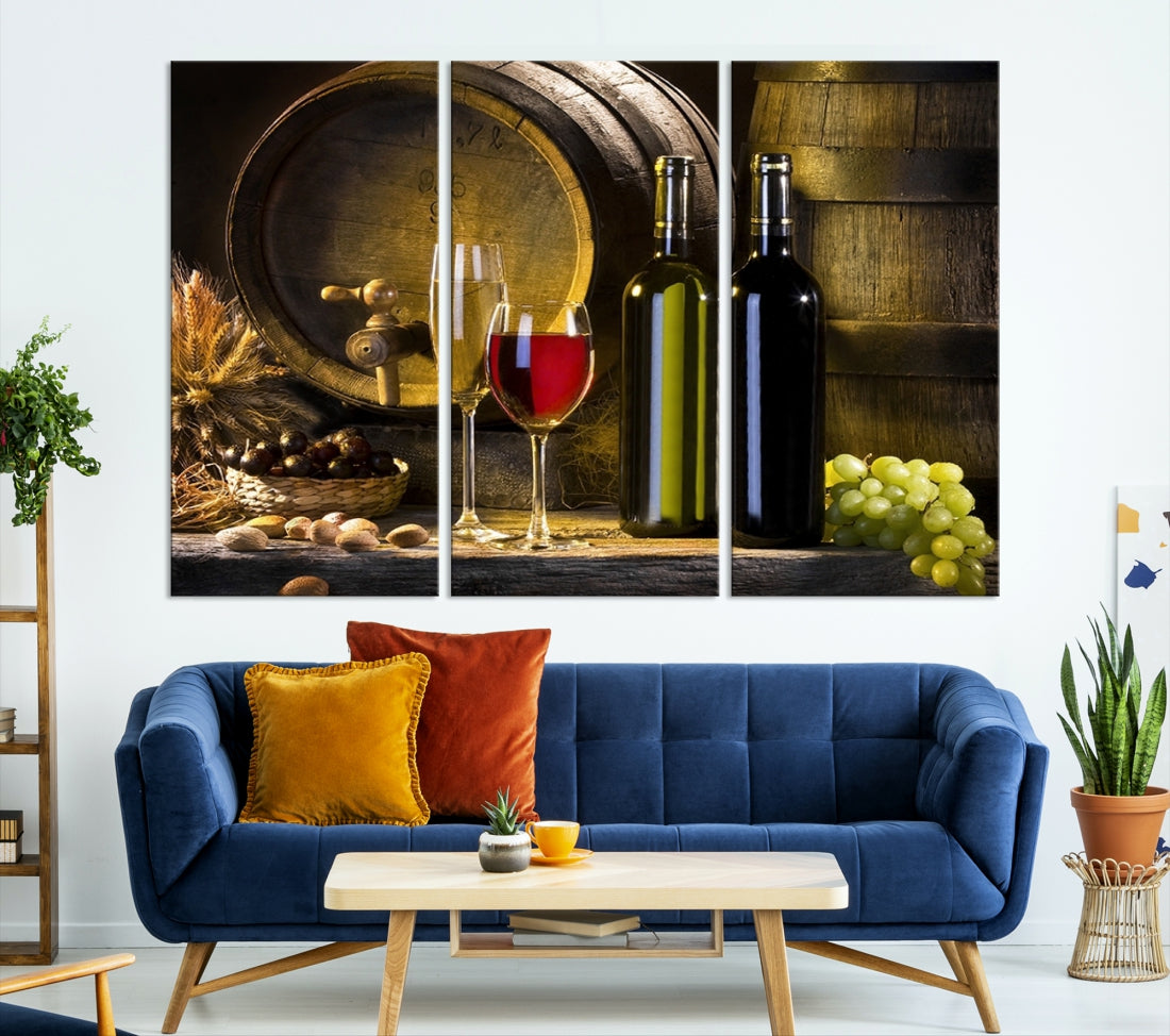 Red and White Wine with Bottles and Tun Giclee Canvas Wall Art Print