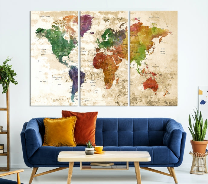 Push Pin World Map Canvas Print with Brownish Background Extra Large Framed Map Poster