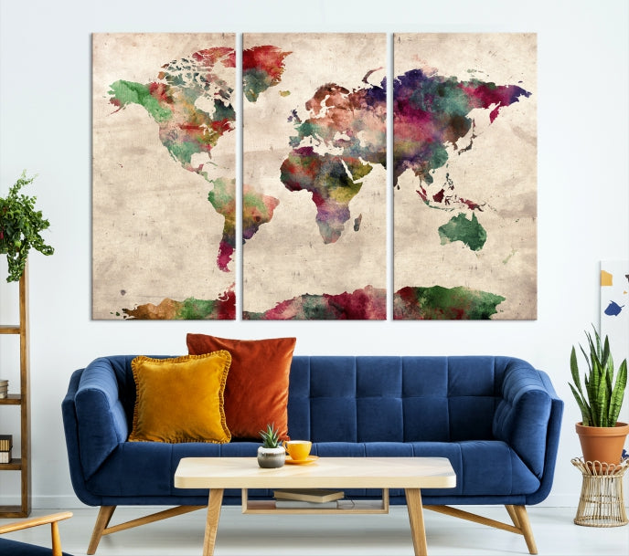 Colorful Watercolor World Map Framed Canvas Wall Art Giclee Print