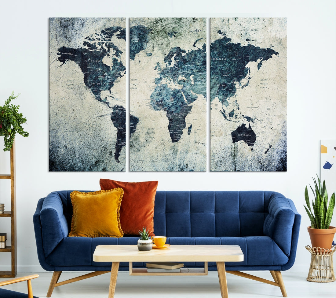 Extra Large World Map Wall Art Watercolor Painting on Canvas Print Grunge Vintage Decor