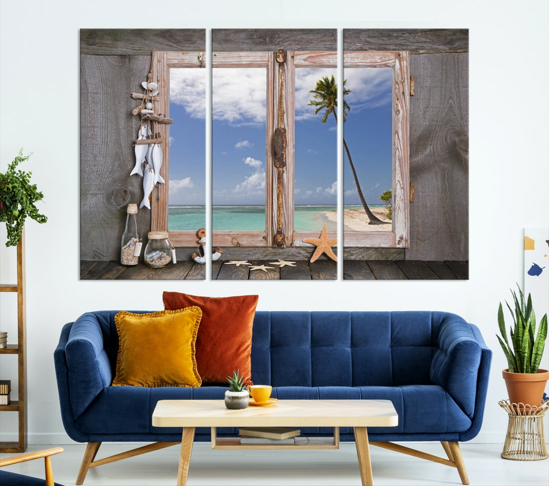 Large Window Wall Art Relaxing Beach Photo Canvas Art Print Starfish Seashells Nautical Art Framed Ocean Artwork