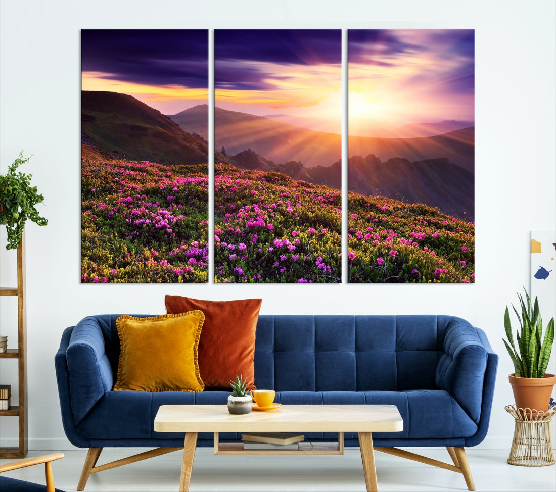 Alluring Spring Mountain with Flowers Sunset Landscape Canvas Wall Art Print