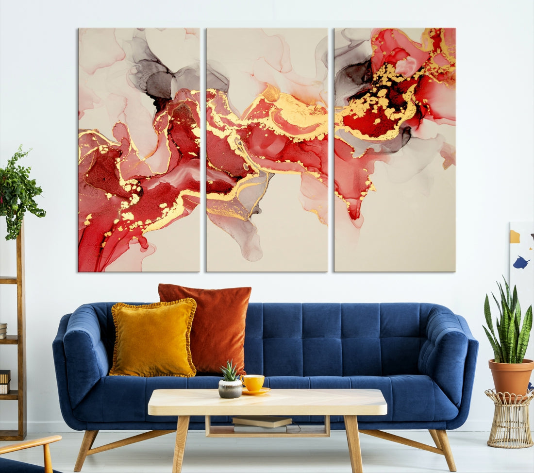 Contemporary Red Gold Abstract Painting on Canvas Print Framed Wall Decor