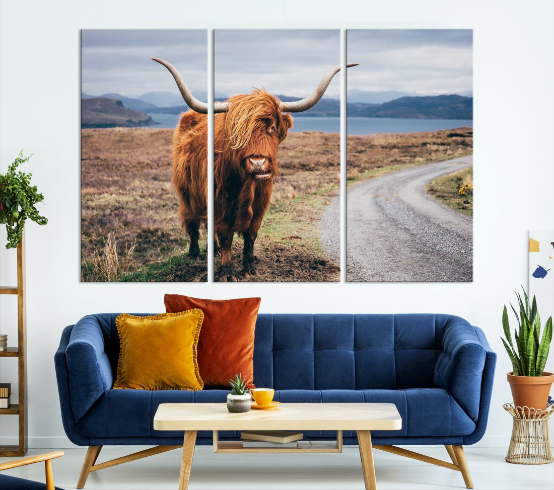 Highland Cow with Big Horn Canvas Wall Art Animal Photo Print Wall Decor