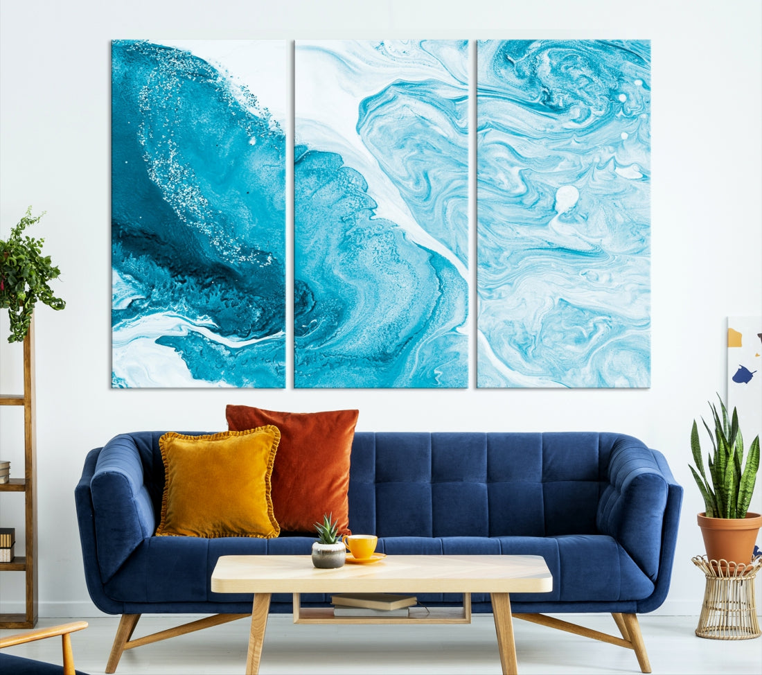 Bright Blue Abstract Painting on Canvas Large Marble Art Print