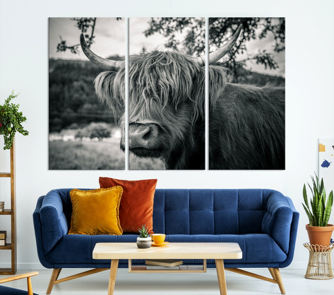 Beautiful Highland Cow Wall Art Large Canvas Print Black and White Wall Decor