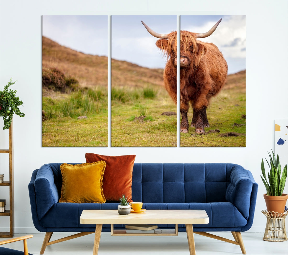 Highland Cow Large Animal Canvas Wall Art Texas Cow Canvas Art Cattle Photograph Art Canvas Picture Animal Art Print Home Decor Farmhouse Art Multi Panel Framed Wall Art Canvas Print