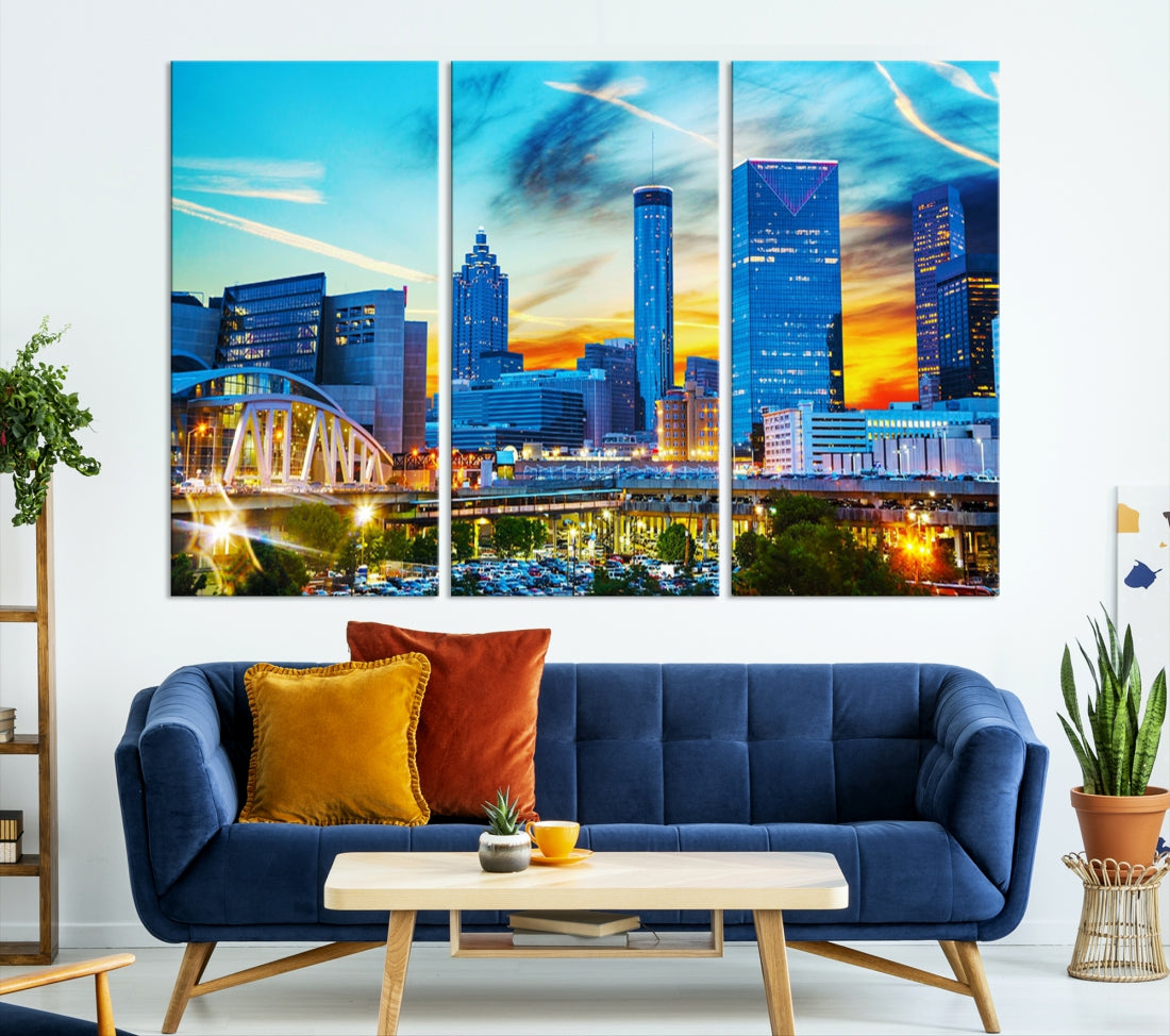 Mesmerizing Atlanta City Sunset Blue Skyline Cityscape Large Canvas Wall Art Print