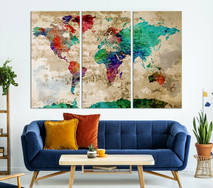 Multi Panel World Map with Push Pins Detailed Map Canvas Wall Art Print