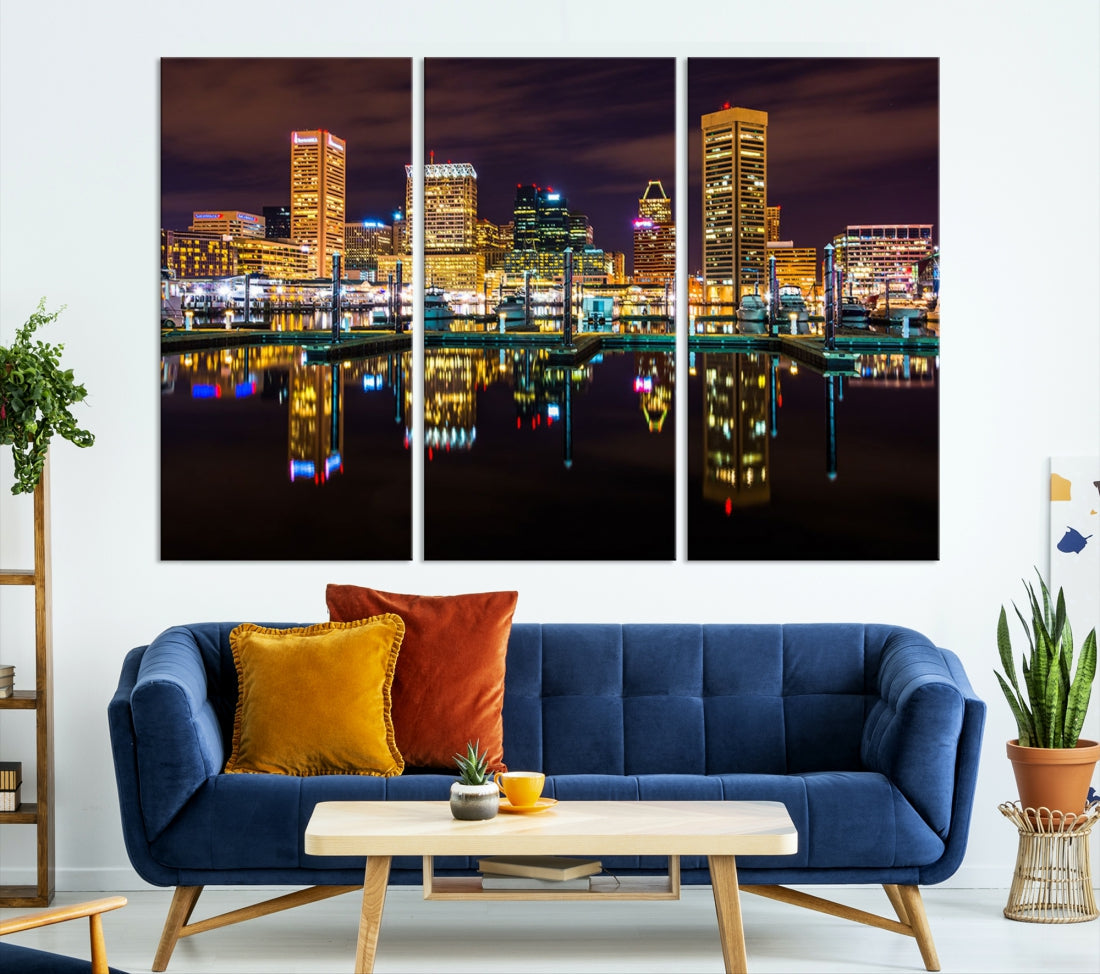 Baltimore City Night Skyline Purple Cityscape Large Wall Art Canvas Print