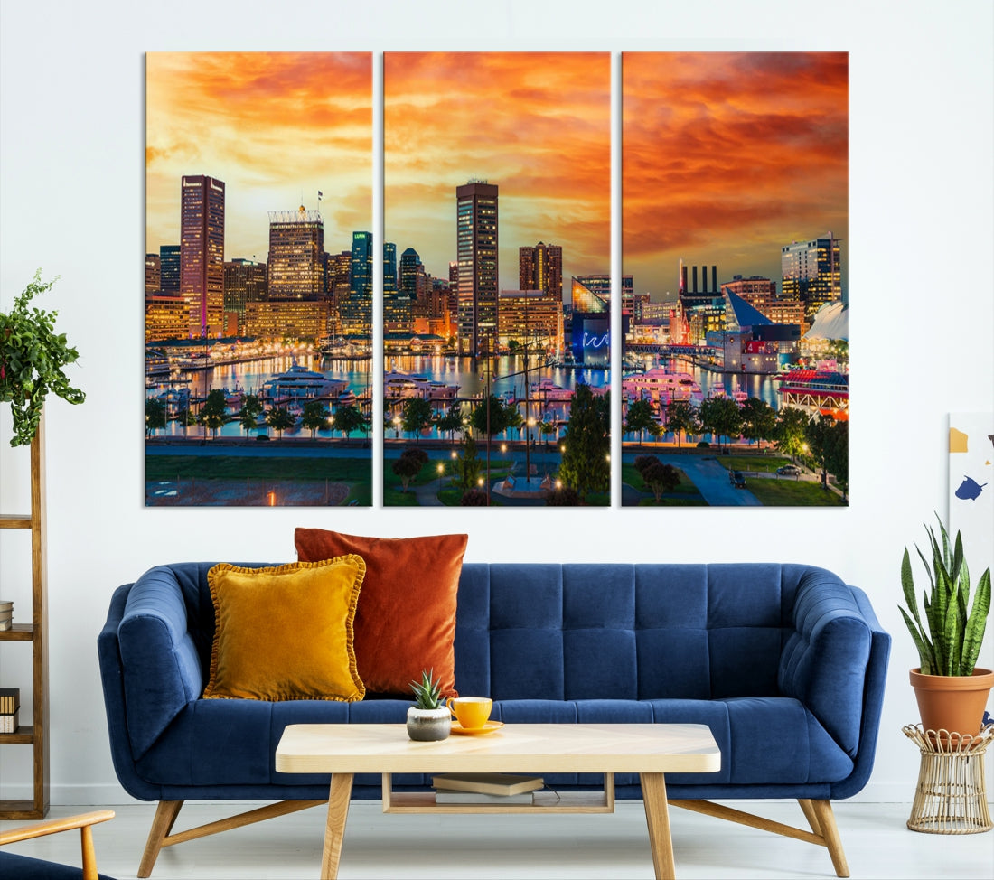 Sunset over Baltimore City Skyline Canvas Wall Art Large Cityscape Print