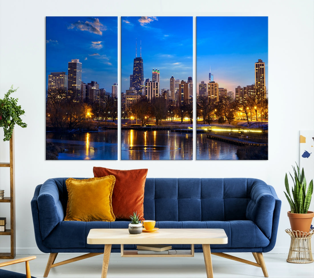 Large Chicago Skyline Wall Art Night Cityscape Canvas Print Home Decor