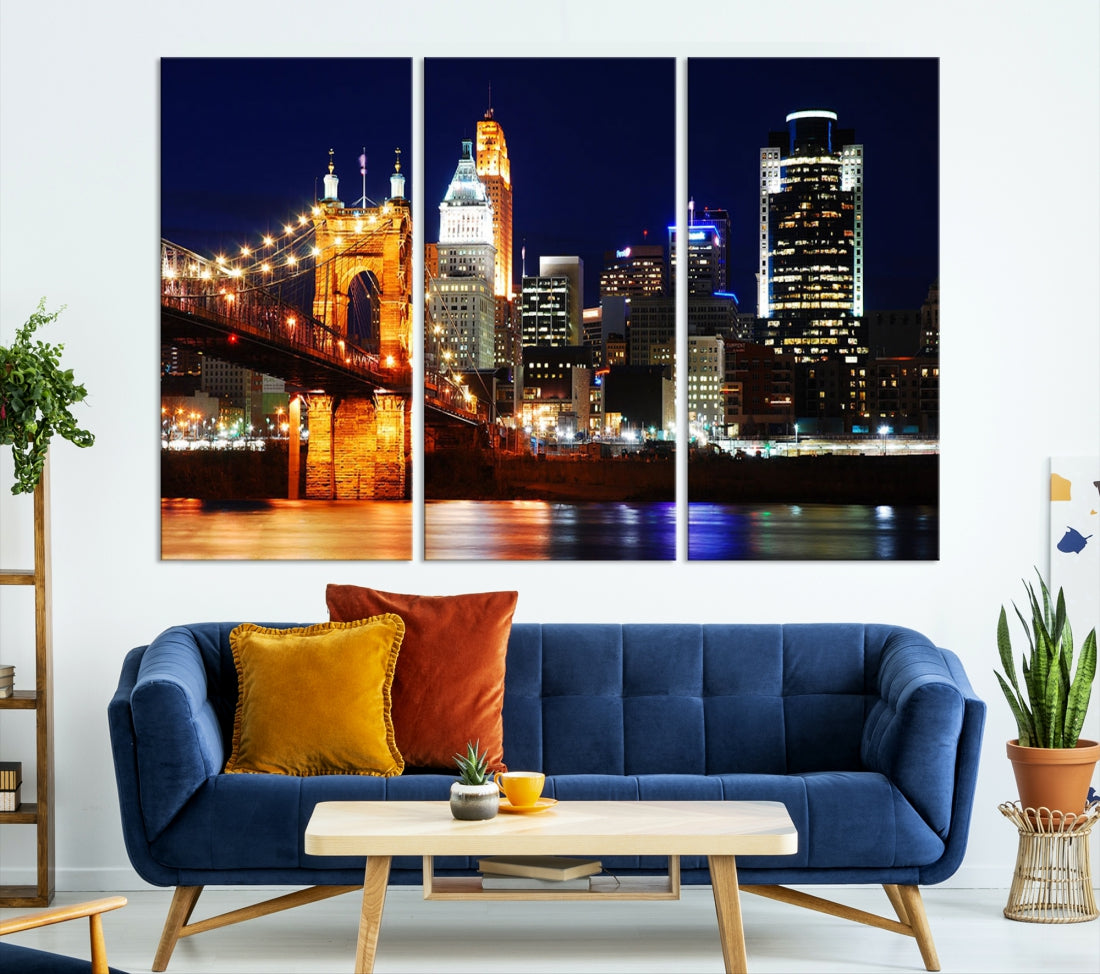 Cincinnati Bright Lights Night Skyline Canvas Wall Art Framed Print