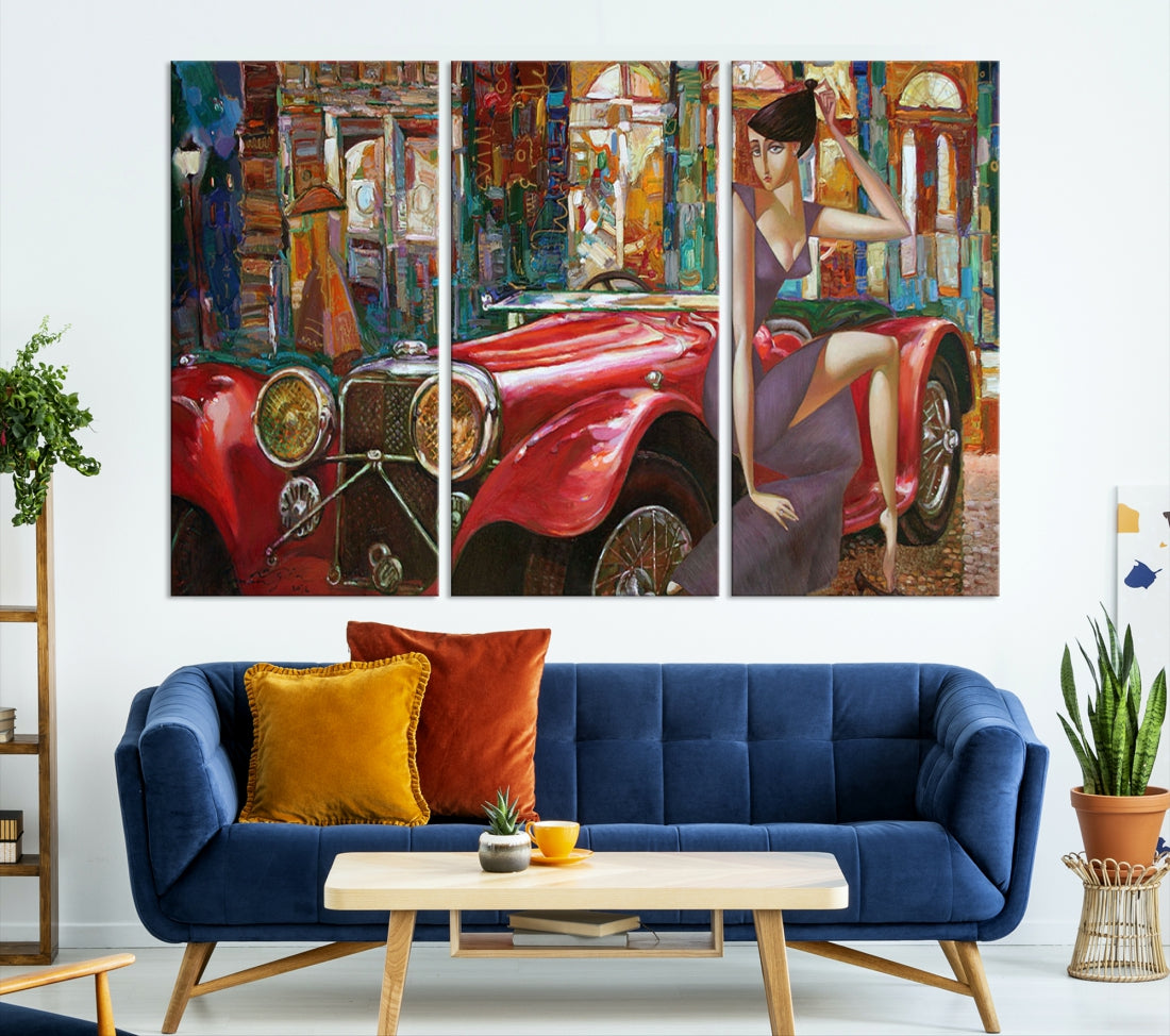 Lady With a Red Old Antique Car Jalopy Wall Art Canvas Print