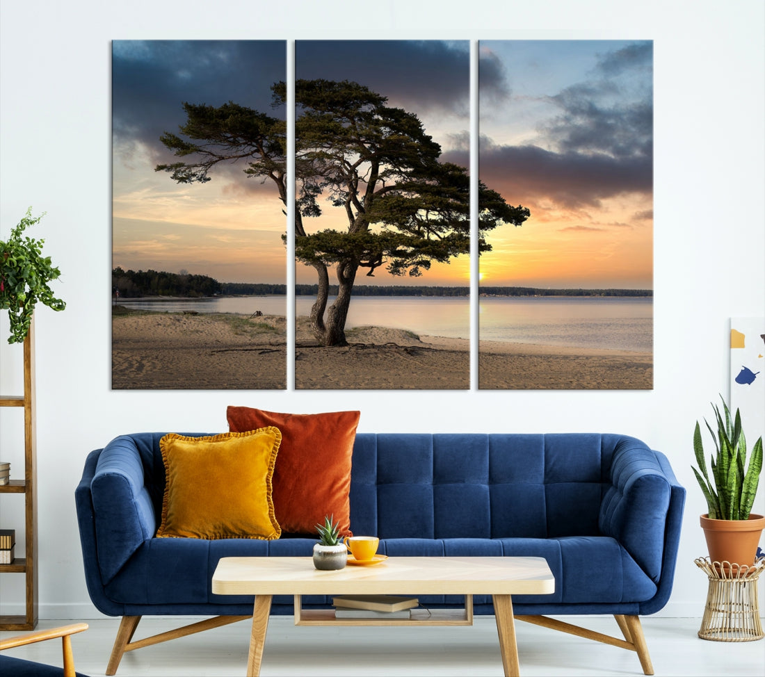 Big Tree Beach Coastal Sunset Wall Art Canvas Print Framed