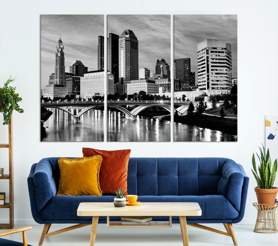 Black and White Columbus City Wall Art Skyline Cityscape Canvas Print