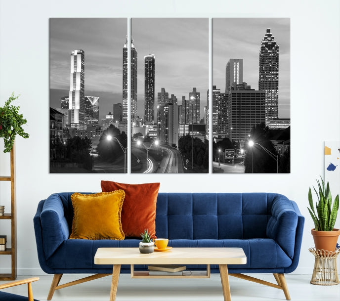 Atlanta City Cloudy Skyline Black and White Cityscape Canvas Print