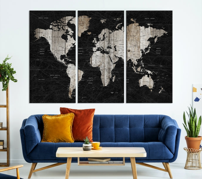 Black Push Pin World Map Detailed Framed Wall Art Canvas Print