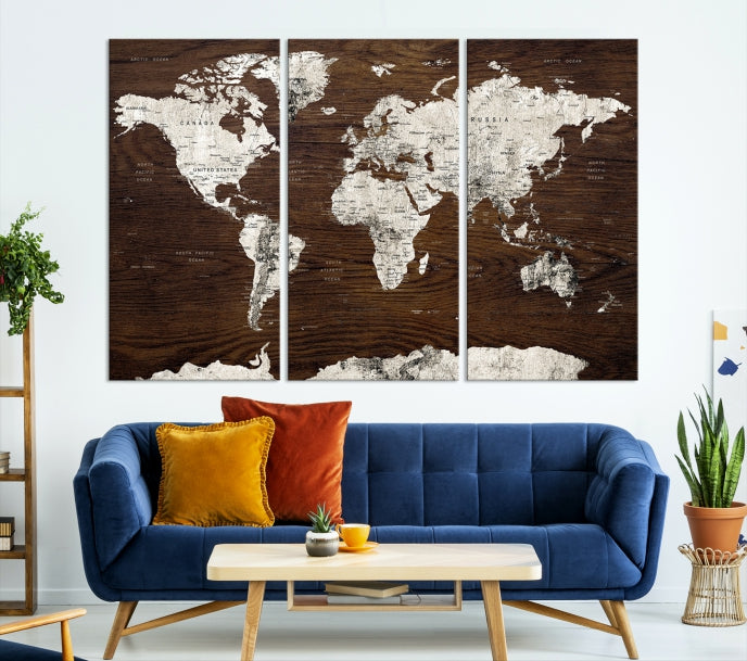 White Coloured World Map on Brown Background Large Canvas Print Wall Art