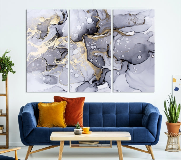 Gray Gold Abstract Painting on Giclee Canvas Wall Art Print Framed