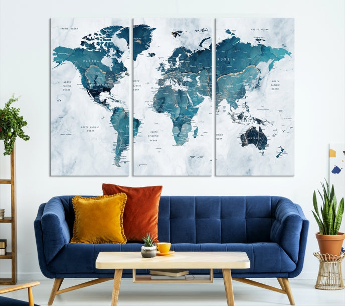 Blue World Map Extra Large Wall Art Canvas Print