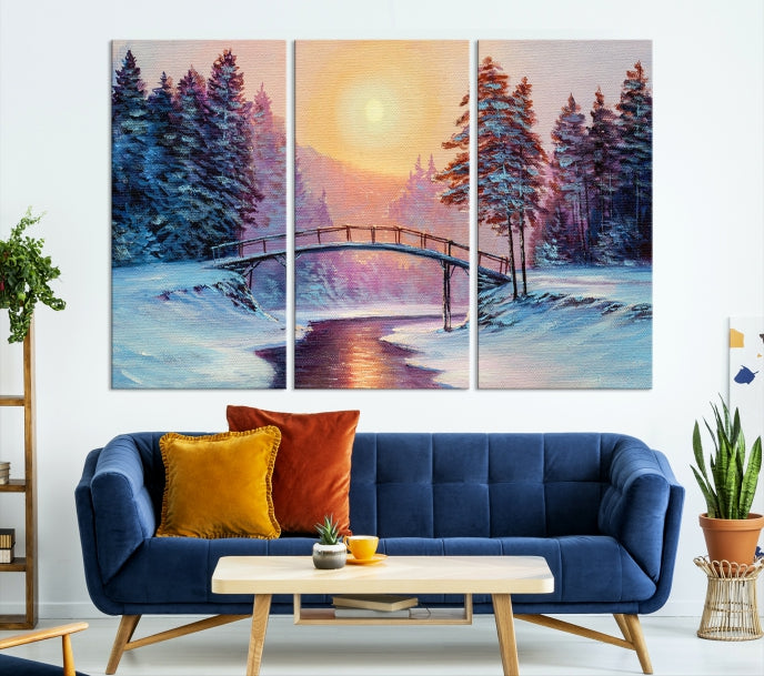 Beautiful Winter Landscape Painting Snowy Bridge Giclee Canvas Extra Large Wall Art Print