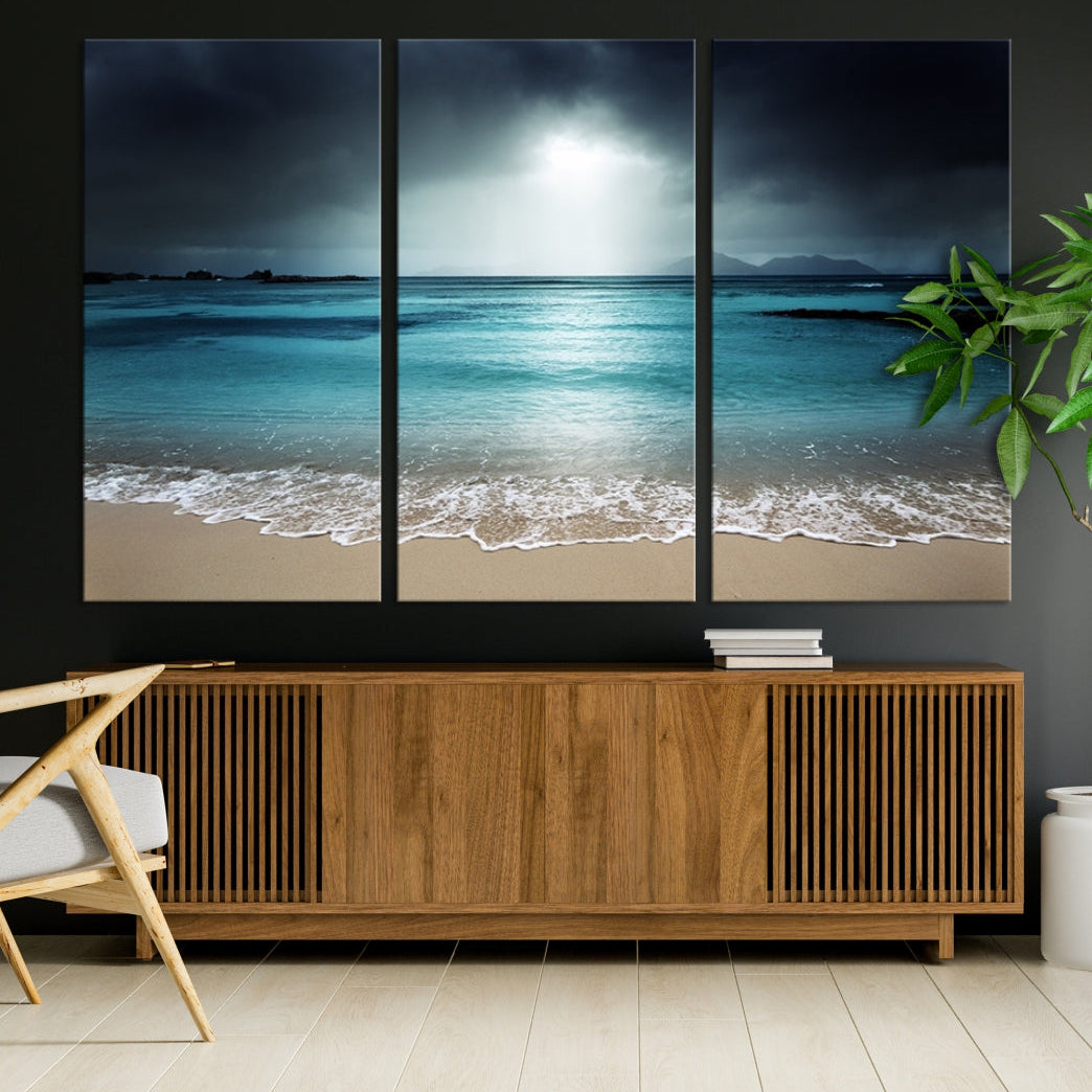 Dark Sky Bright Ocean Beach Large Wall Art Canvas Print