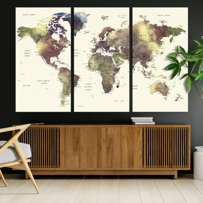 Vivid Colors Detailed World Map Wall Art Push Pin Travel Map Canvas Print