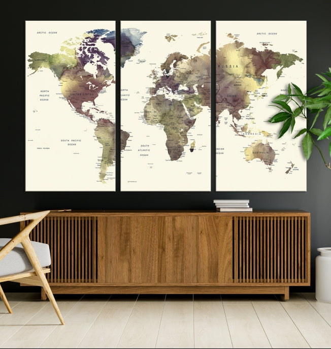 Vivid Colors Detailed World Map Wall Art Push Pin Travel Map Canvas Print