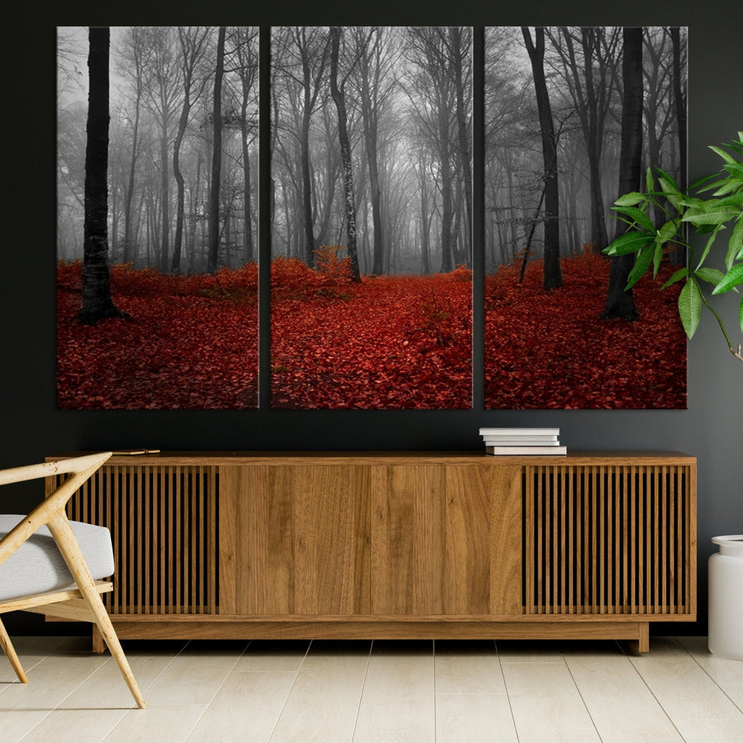 Foggy Forest with Red Leaves Autumn Landscape Giclee Canvas Extra Large Wall Art Print