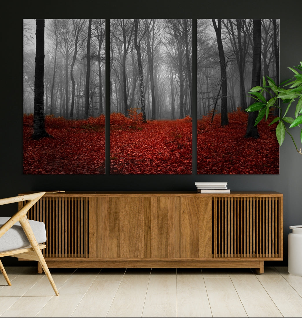 Foggy Forest with Red Leaves Autumn Landscape Giclee Canvas Extra Large Wall Art Print