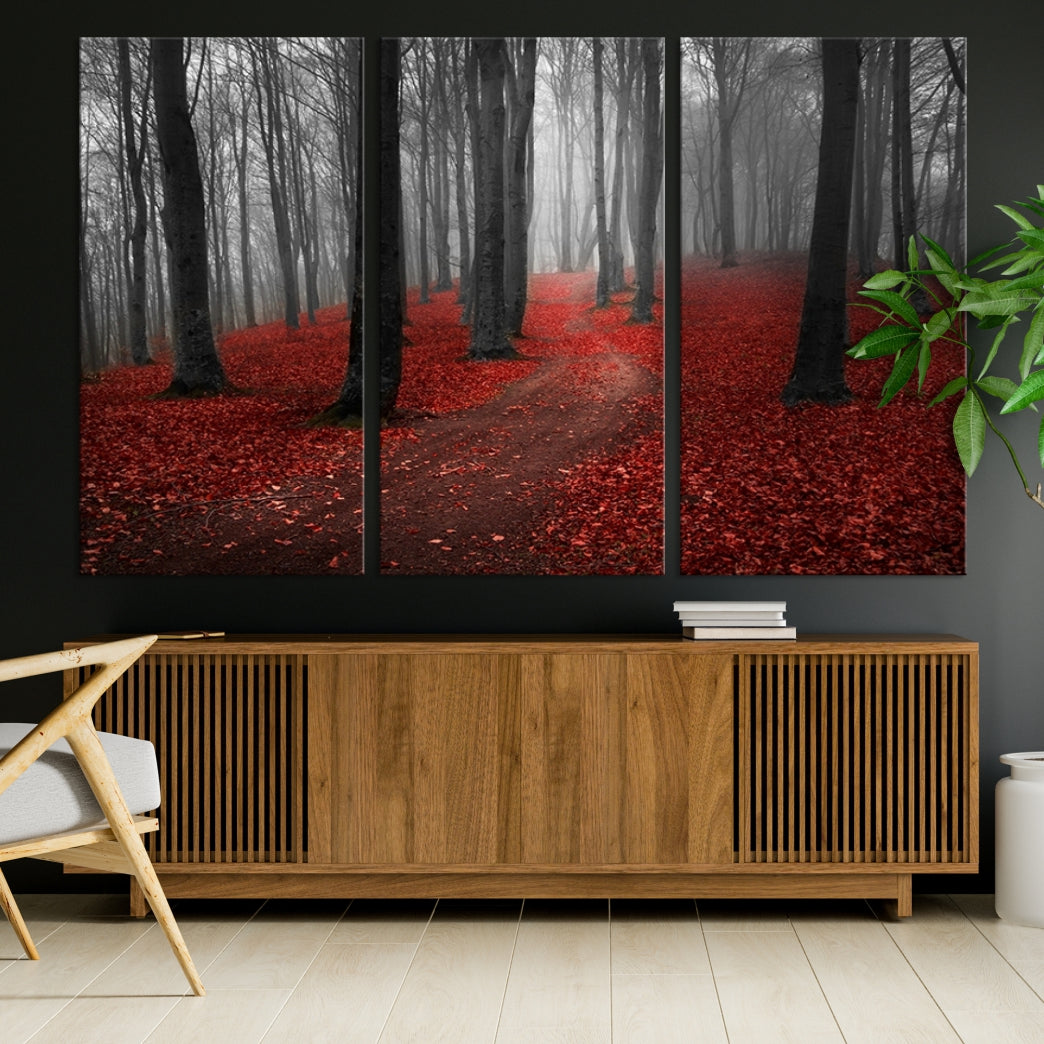 Wonderful Forest with Red Leaves on Ground Large Wall Art Landscape Canvas Print