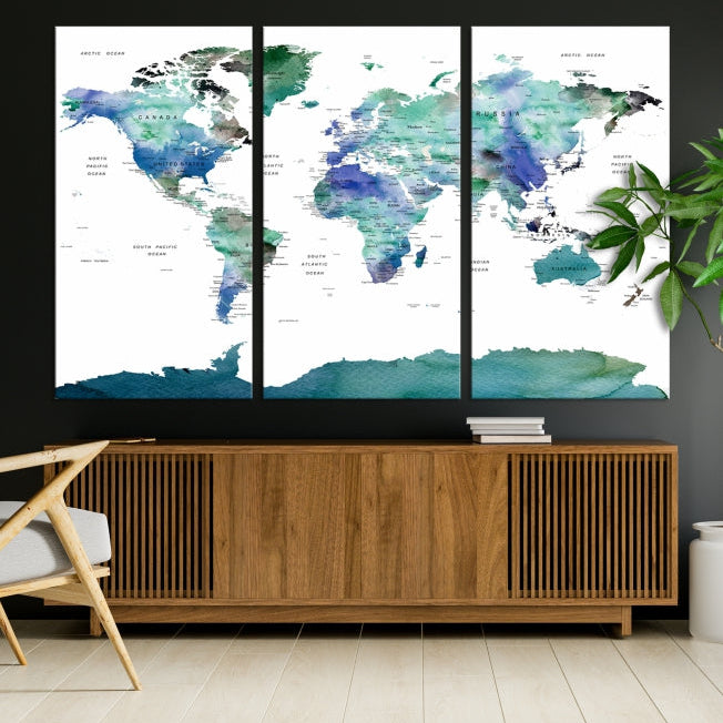 Vivid Colored World Map Push Pin Travel Map Canvas Wall Art Giclee Print