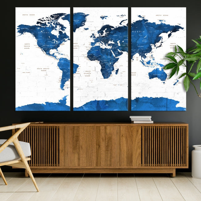 Blue Extra Large Framed Push Pin World Map Wall Art Canvas Print