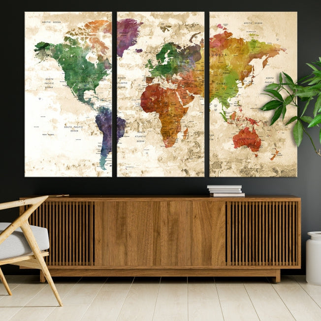 Push Pin World Map Canvas Print with Brownish Background Extra Large Framed Map Poster