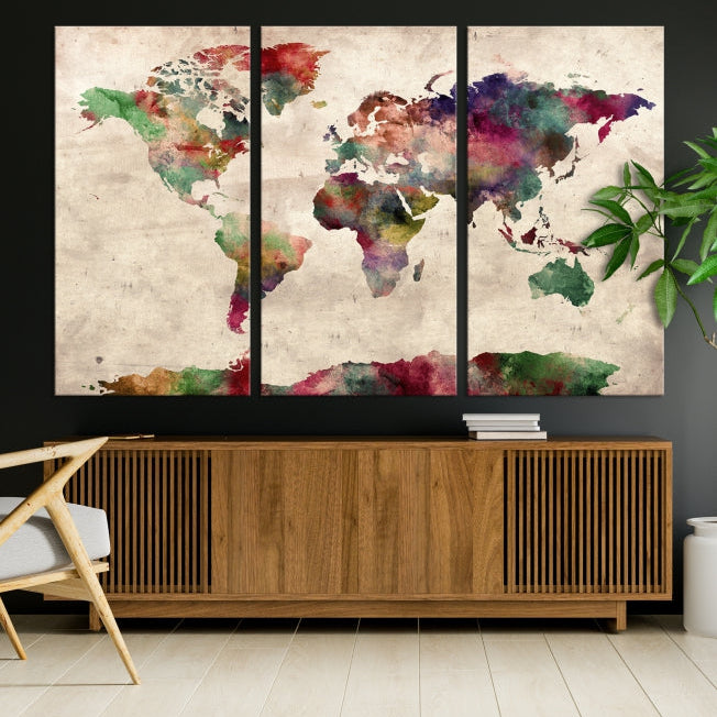 Colorful Watercolor World Map Framed Canvas Wall Art Giclee Print