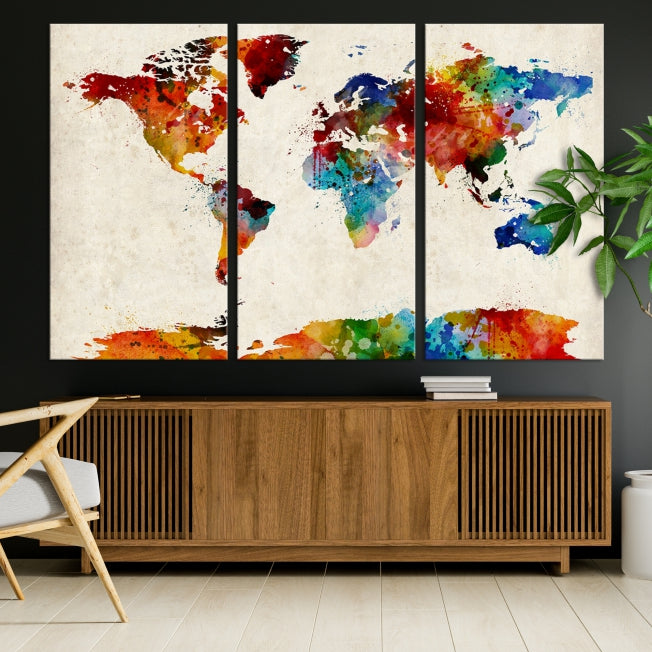 Large Wall Art World Map Watercolor Canvas Print