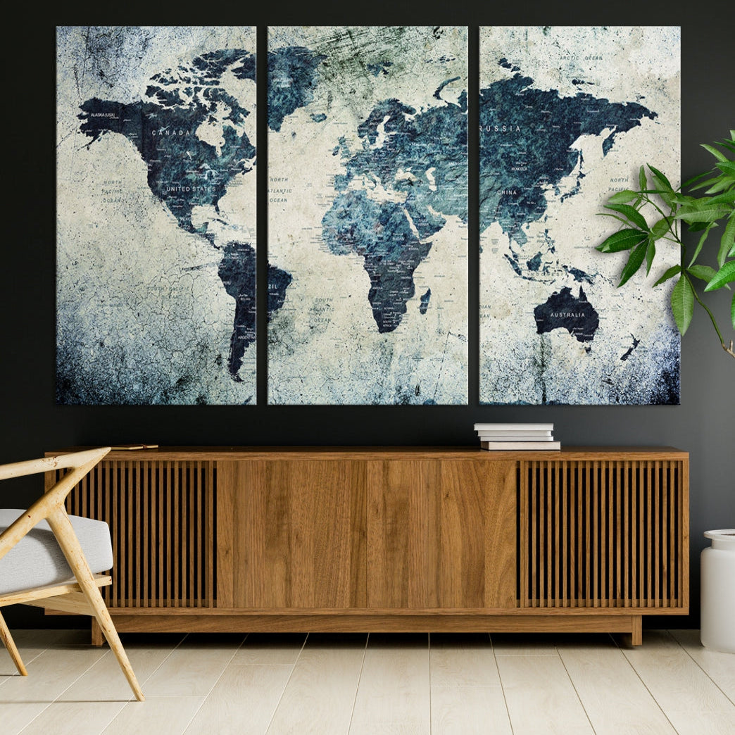 Extra Large World Map Wall Art Watercolor Painting on Canvas Print Grunge Vintage Decor